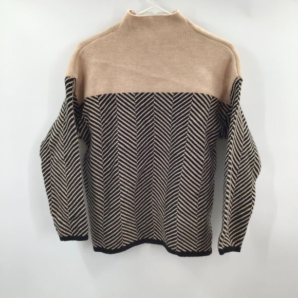 Women's M Herringbone Mock Neck Sweater Cotton Blend Black & Tan Colorblock - Picture 6 of 10